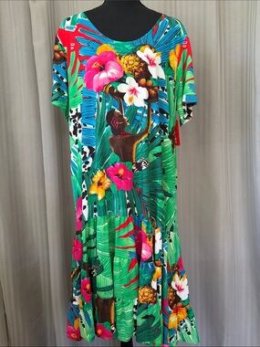 Jams World Green Tropical Floral Midi Dress with Pink & Yellow Accents